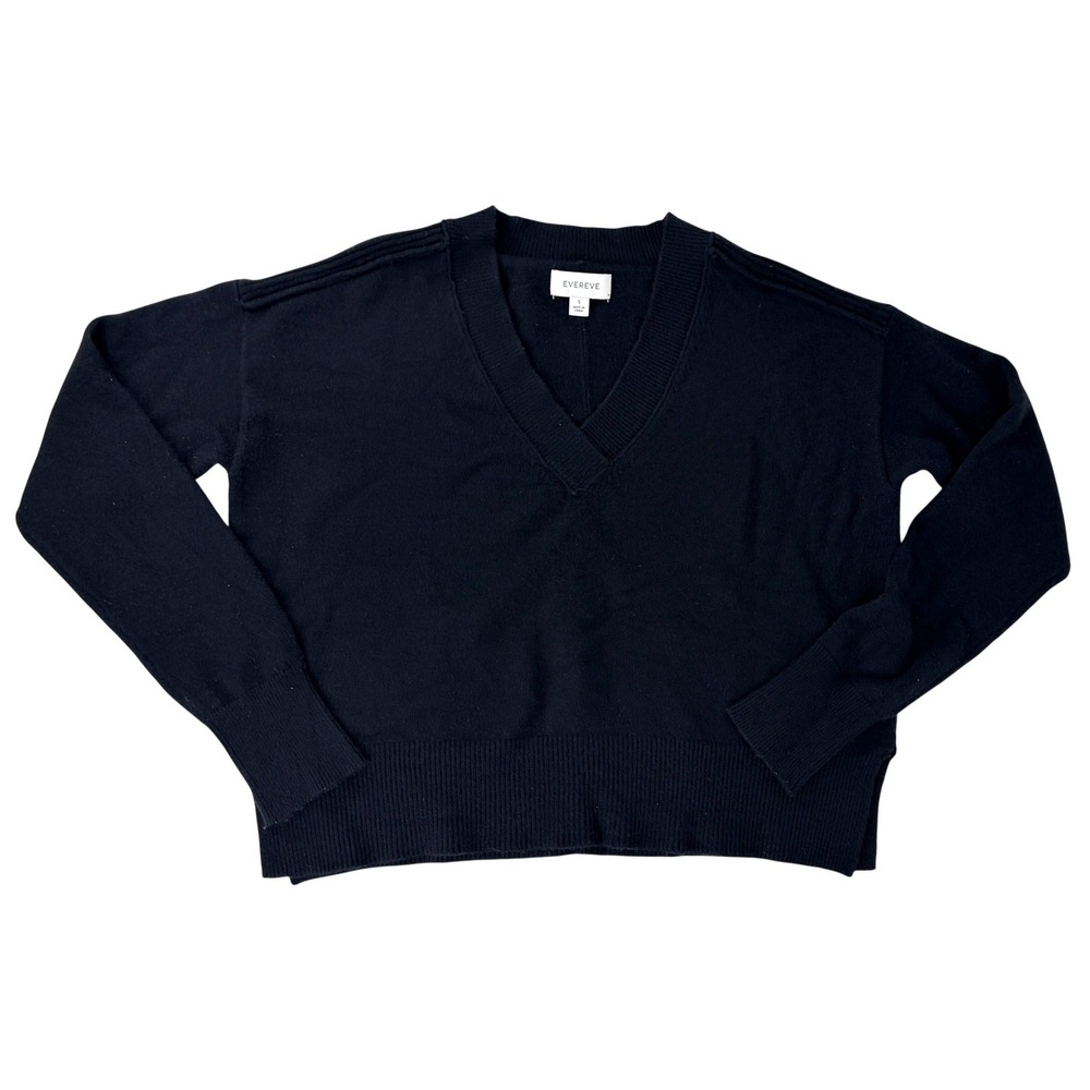 EVEREVE Black V-Neck Knit Pullover Sweater Raised Shoulder Detail Small Slouchy - Picture 2 of 6